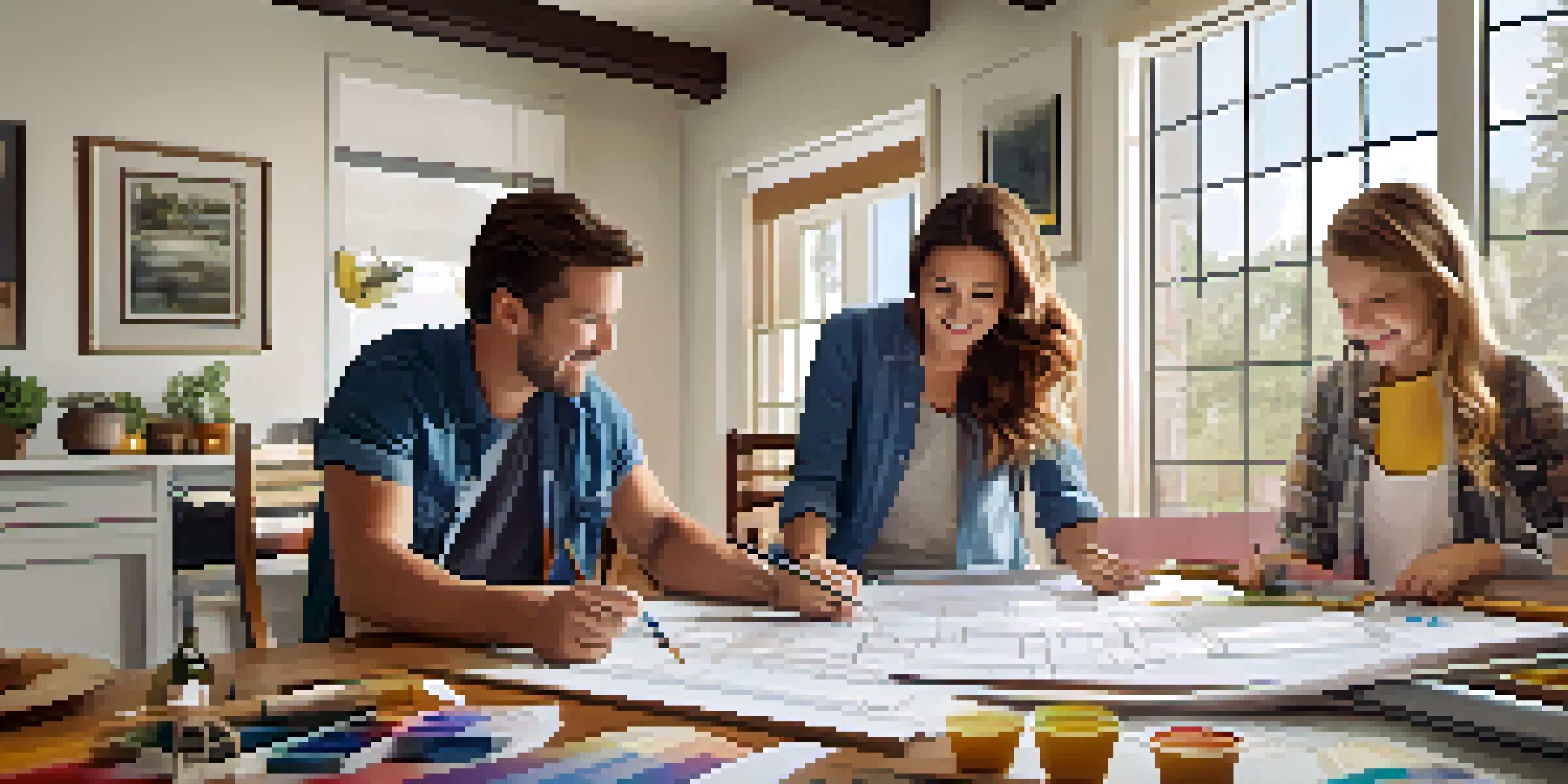 A family discussing home renovation plans at a dining table, with blueprints and tools around them, in a well-lit room.