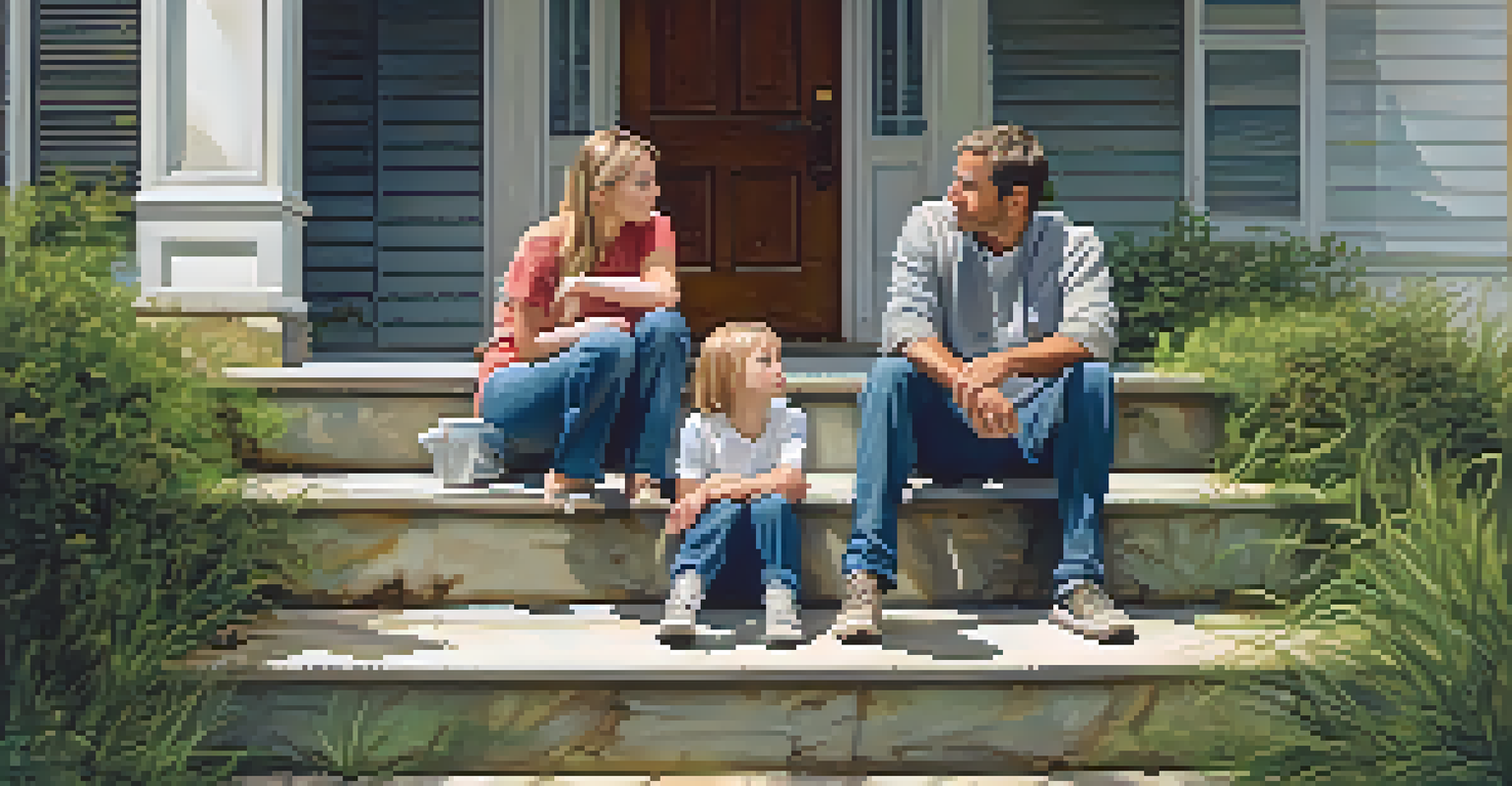A family sitting on the steps of their worn home, looking concerned and thoughtful about their situation.