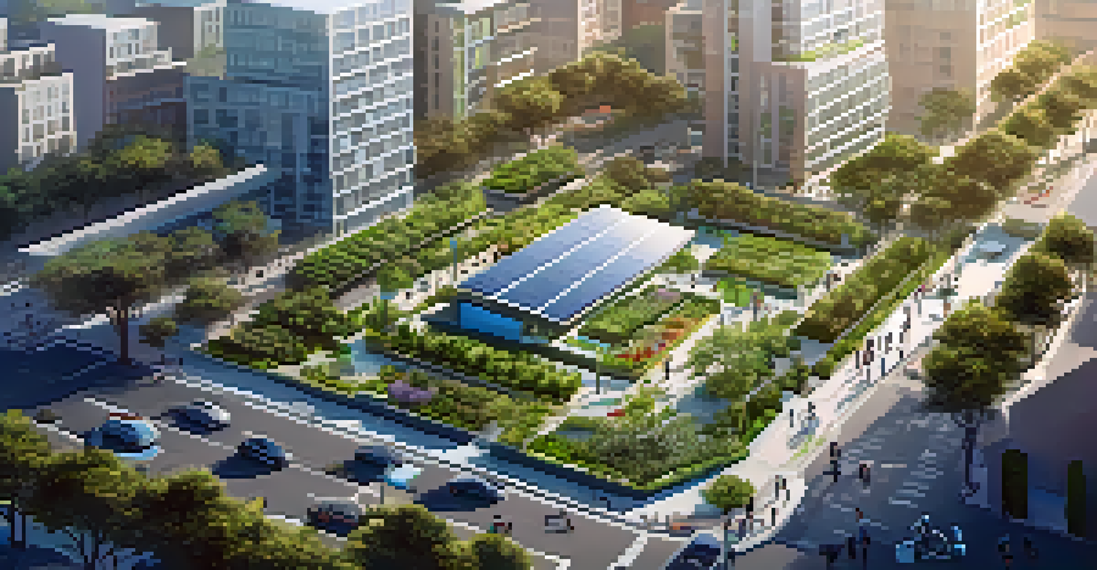 An aerial view of a smart city with electric scooters, solar charging stations, and community gardens.