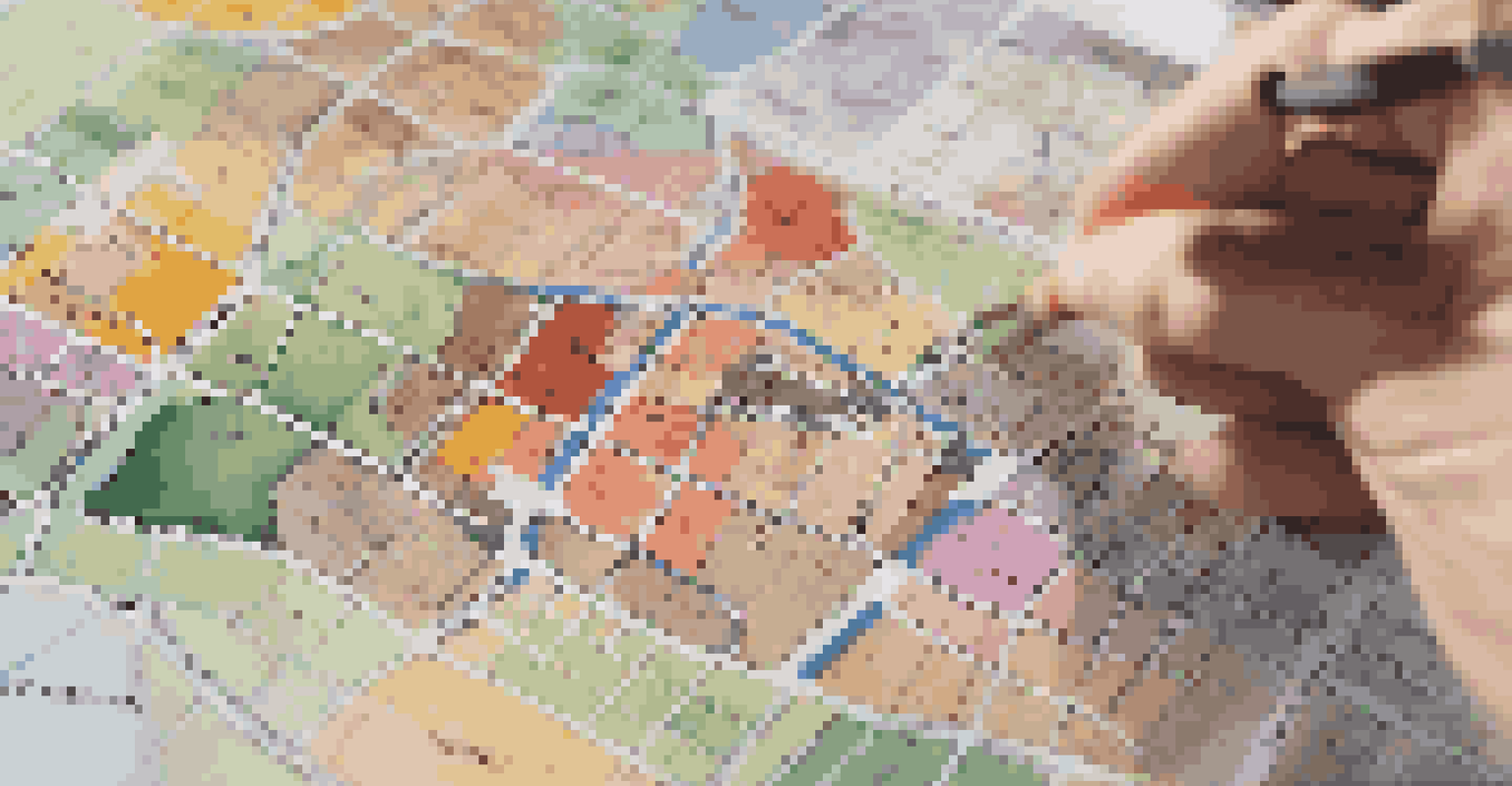 A close-up of a zoning map with colored zones and a hand pointing at various areas.
