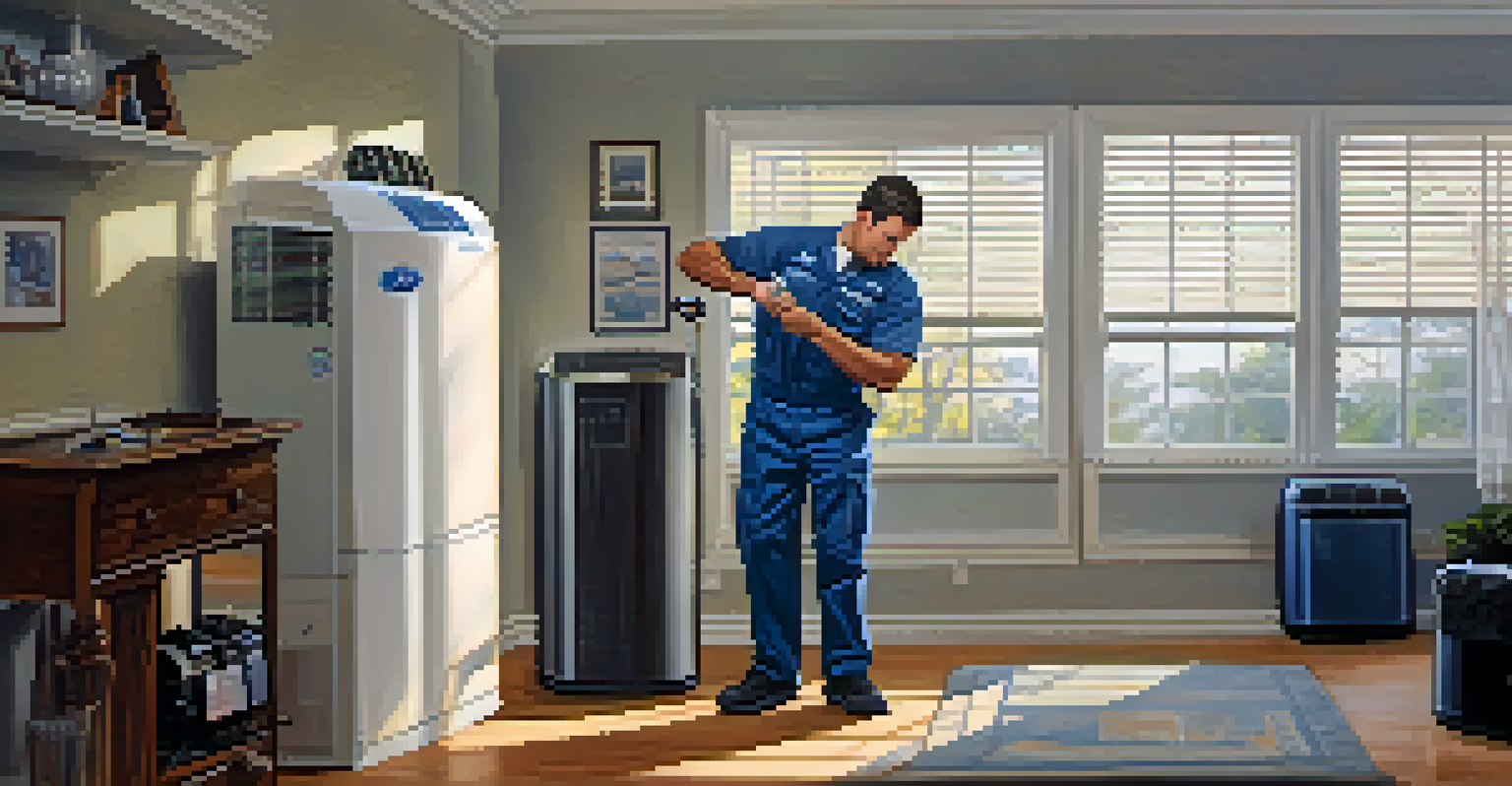HVAC technician inspecting an air conditioning unit indoors with tools and natural light.