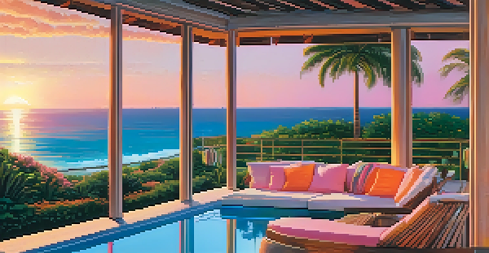 A luxurious vacation rental with an infinity pool by the ocean, surrounded by greenery during sunset.