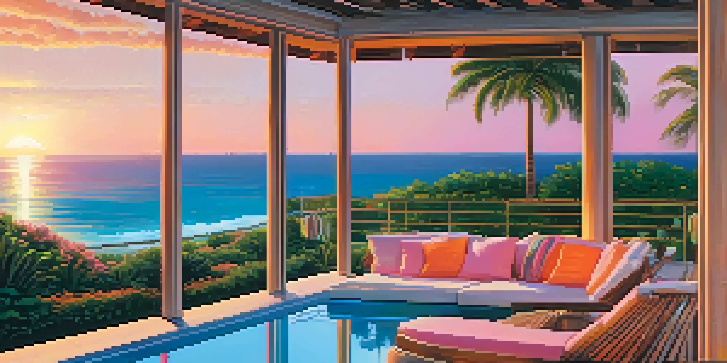 A luxurious vacation rental with an infinity pool by the ocean, surrounded by greenery during sunset.