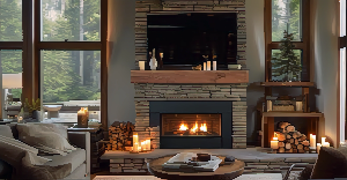 A warm living room with a clean fireplace, flickering fire, and cozy decor, creating an inviting atmosphere.