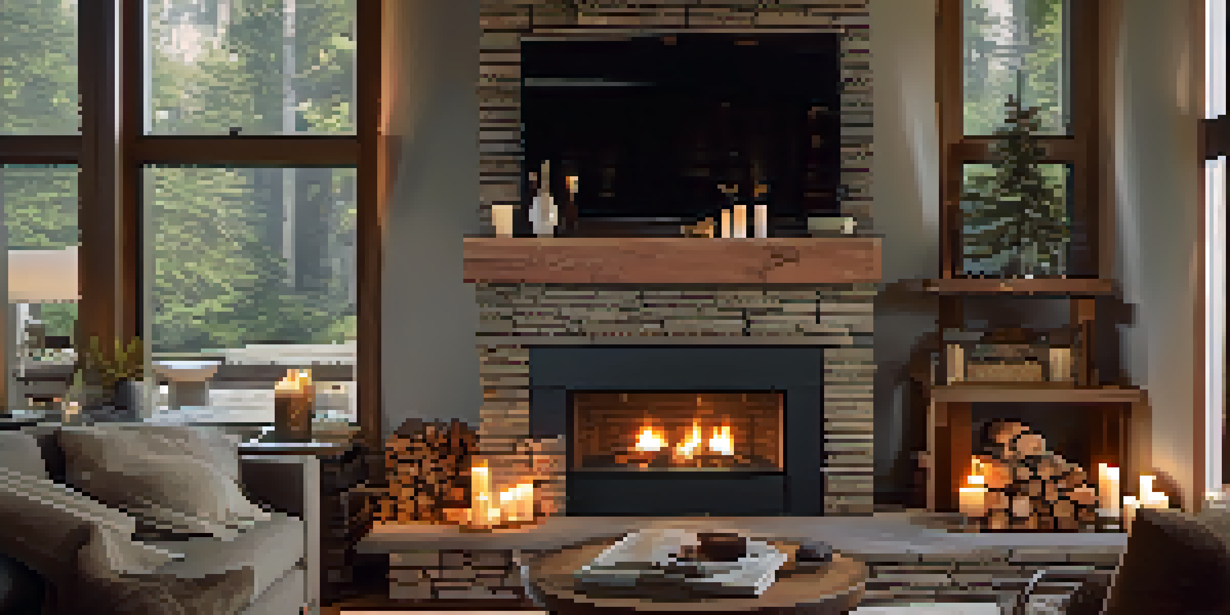 A warm living room with a clean fireplace, flickering fire, and cozy decor, creating an inviting atmosphere.