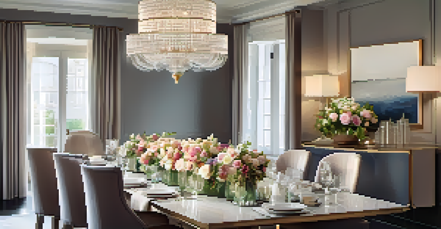 An elegant dining space with a set table and a floral centerpiece, illuminated by soft chandelier light.