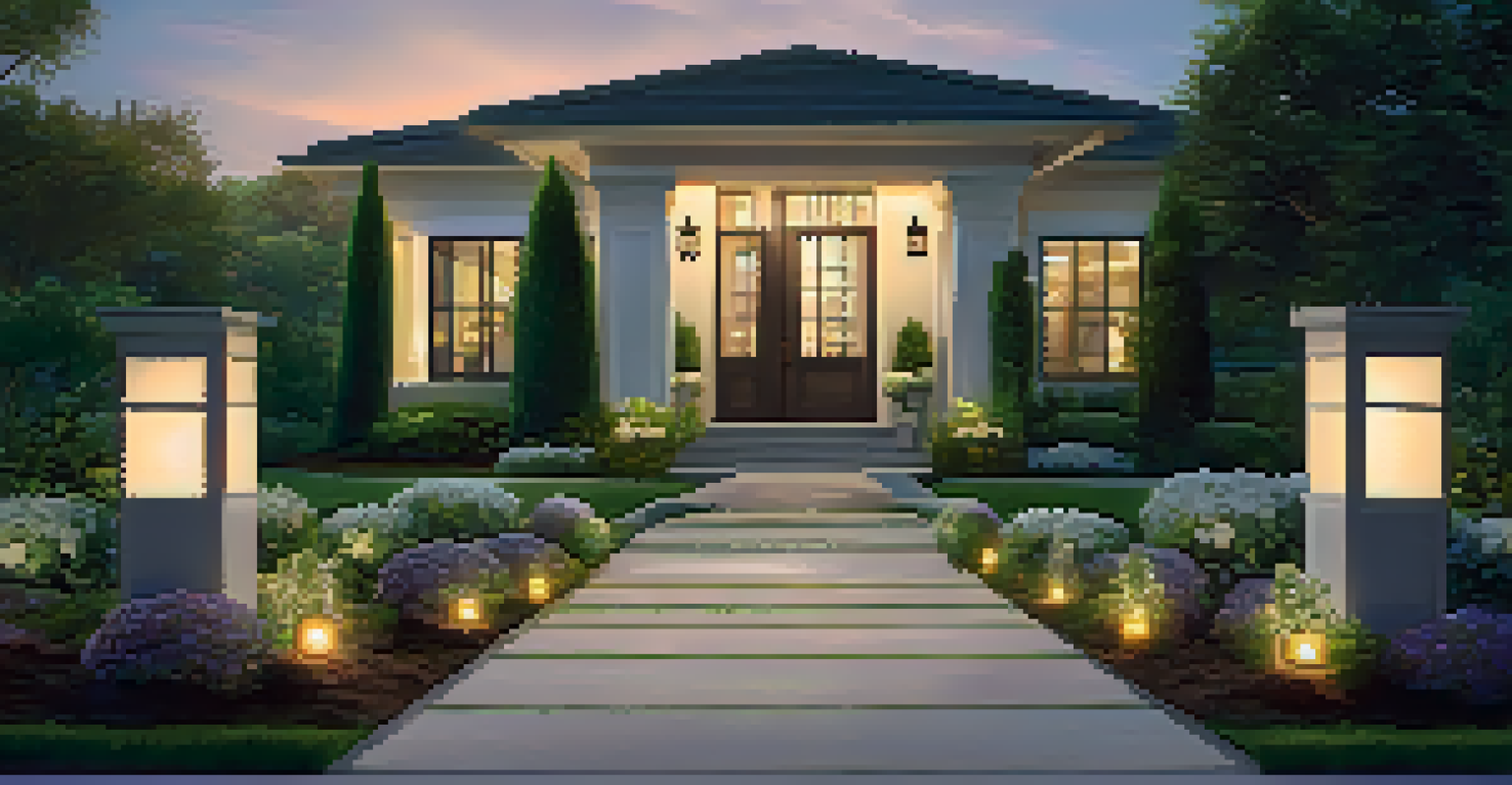 An inviting concrete pathway with lanterns and flowers leading to a front door at dusk.