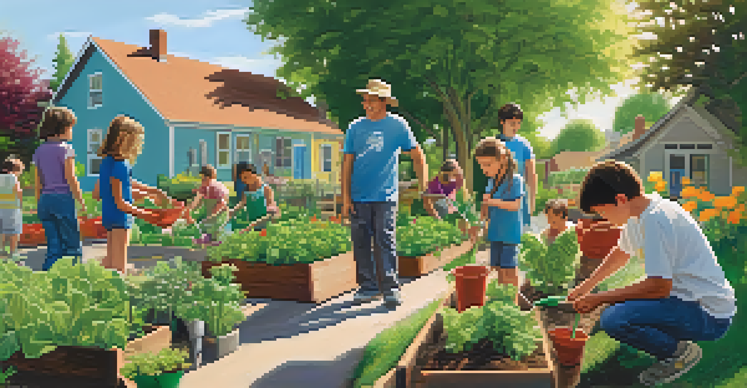 Families of different generations collaborating in a community garden, planting flowers and vegetables together in a lush setting.