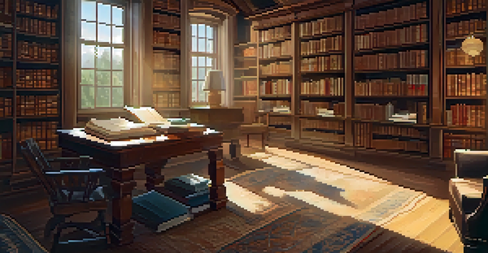 A vintage library with wooden shelves filled with old books and photographs, sunlight streaming through a large window, and a cozy reading nook.