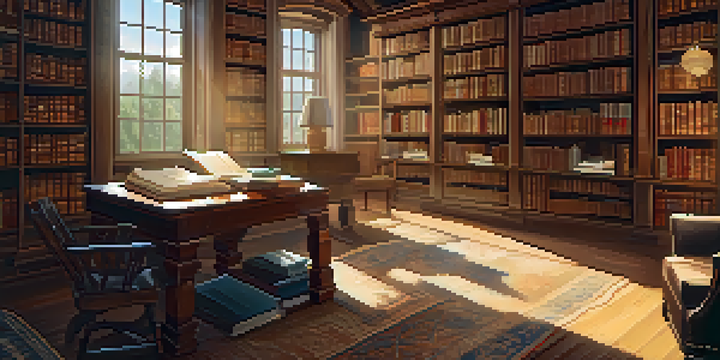 A vintage library with wooden shelves filled with old books and photographs, sunlight streaming through a large window, and a cozy reading nook.
