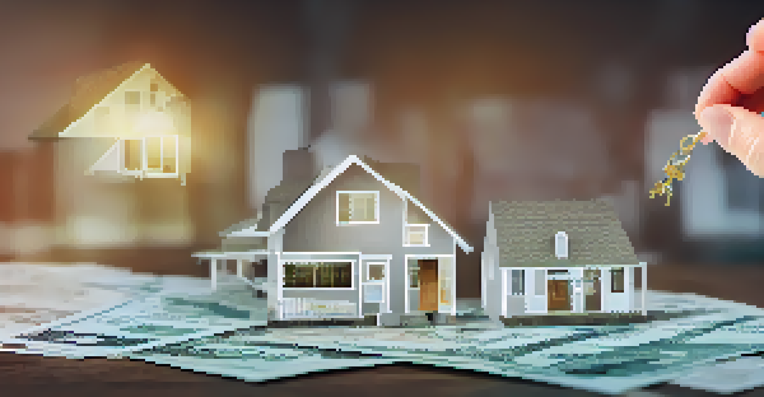 A close-up of a hand holding a miniature house with financial documents in the background.