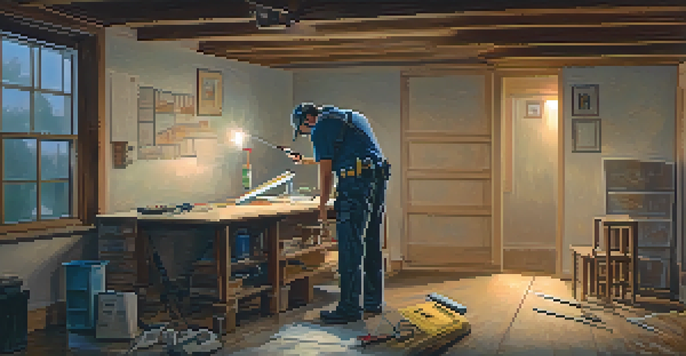 A home inspector checks for mold in a basement with a moisture meter, surrounded by various inspection tools and water stains on the floor.