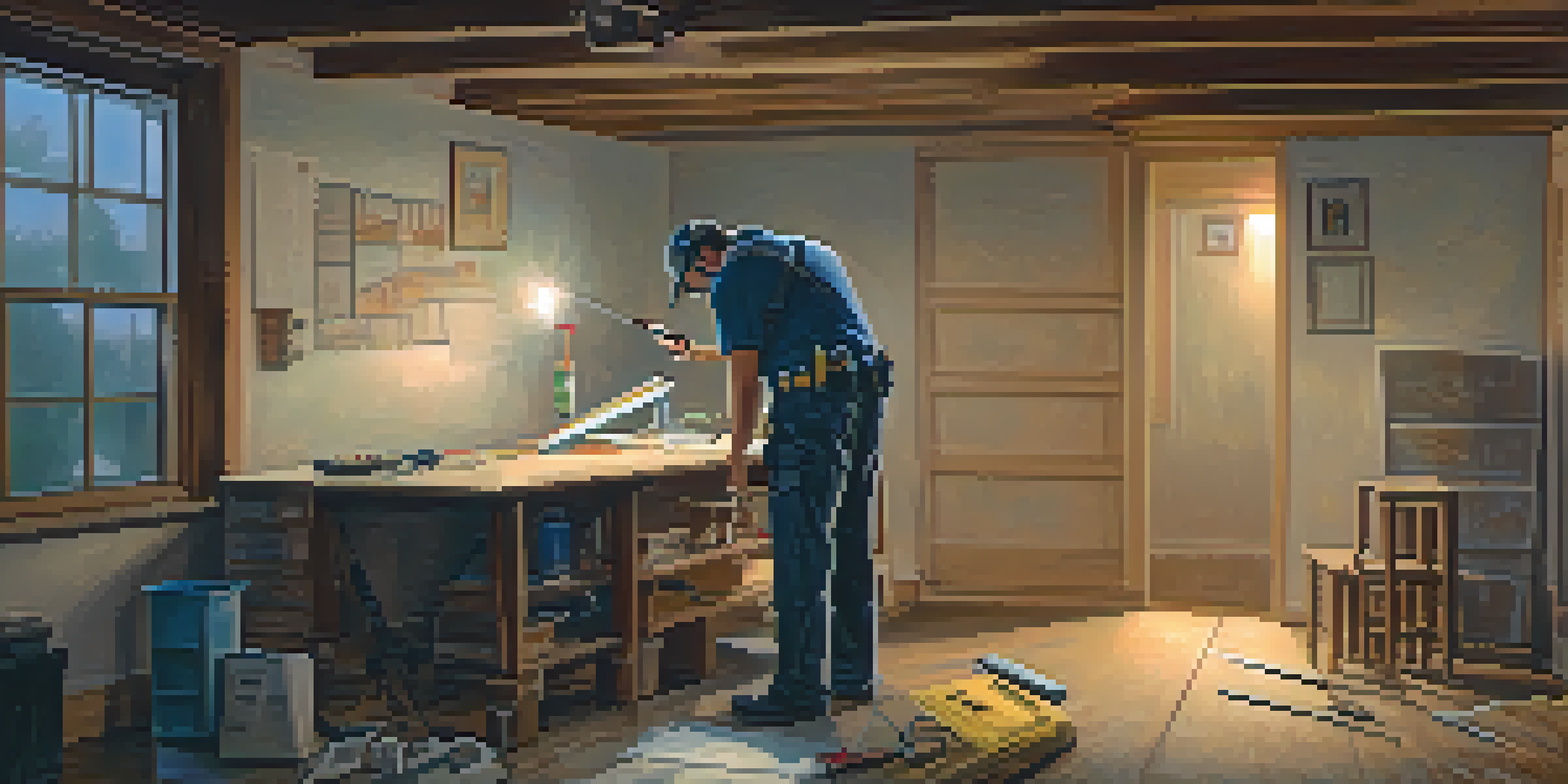 A home inspector checks for mold in a basement with a moisture meter, surrounded by various inspection tools and water stains on the floor.