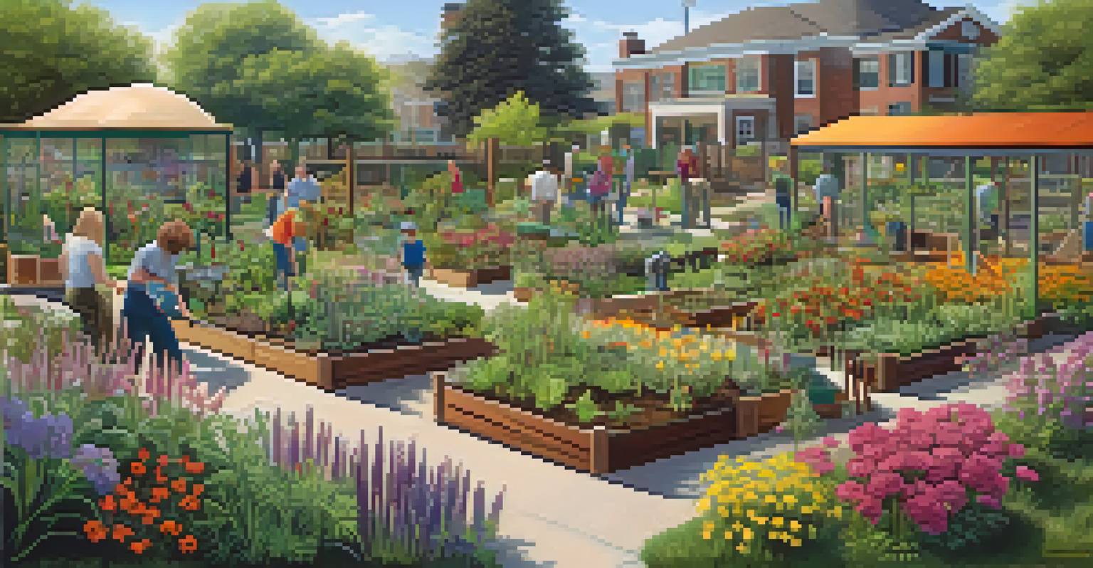 A community garden with sections for different plant species, featuring gardeners at work and pollinators visiting flowers.