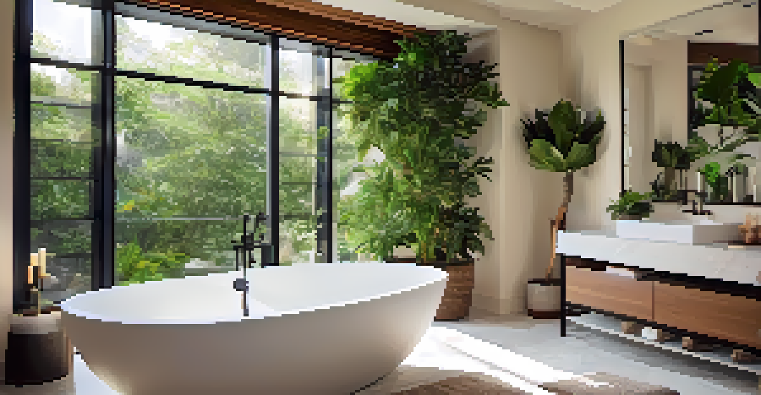 An updated bathroom with a freestanding tub and natural stone tiles, bathed in soft lighting and enhanced by green plants.