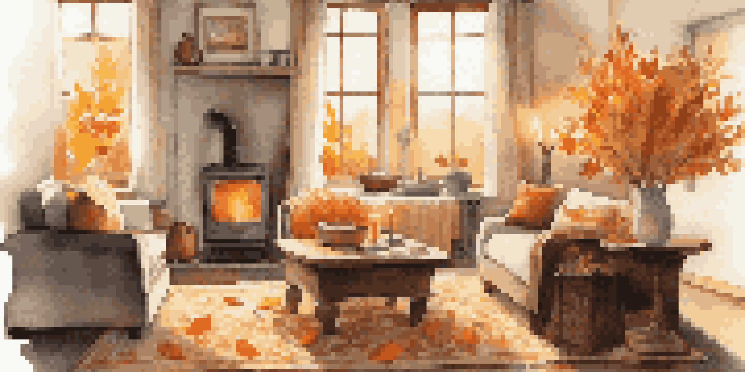 A cozy living room decorated for autumn with a wooden coffee table, a vintage vase of colorful leaves, and soft blankets on a modern sofa, all bathed in warm candlelight.