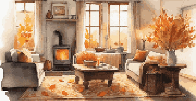 A cozy living room decorated for autumn with a wooden coffee table, a vintage vase of colorful leaves, and soft blankets on a modern sofa, all bathed in warm candlelight.