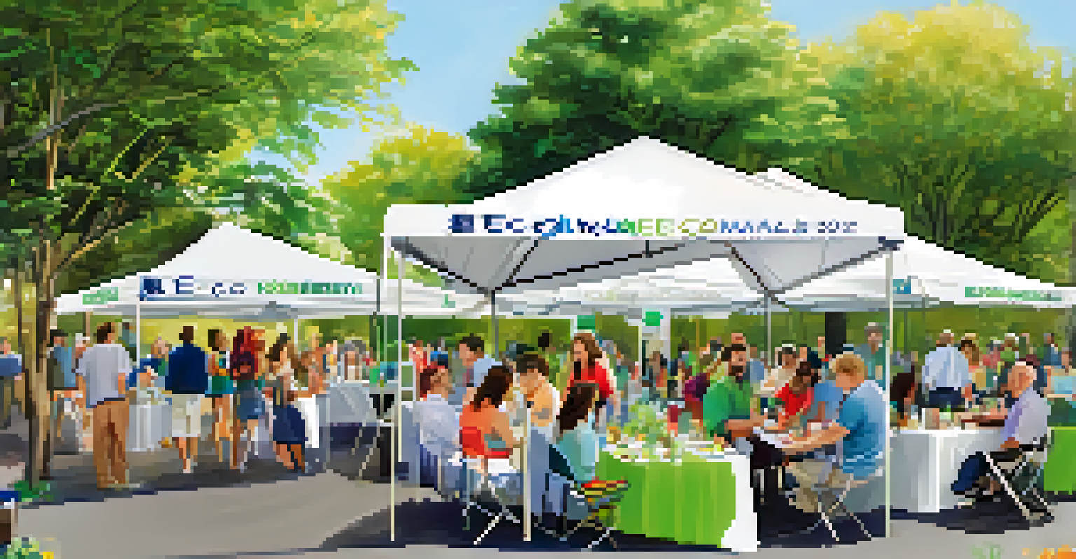 A lively outdoor real estate networking event with a booth for eco-friendly homes and attendees engaging in discussions.