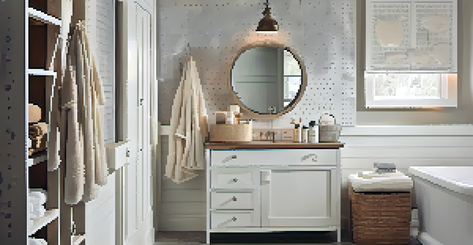 A bathroom with a pegboard wall displaying hooks for bathrobes and towels, featuring a rustic wooden vanity and warm lighting.