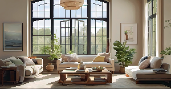 A cozy living room with large windows letting in natural light, featuring a plush sofa, wooden coffee table, and colorful cushions.