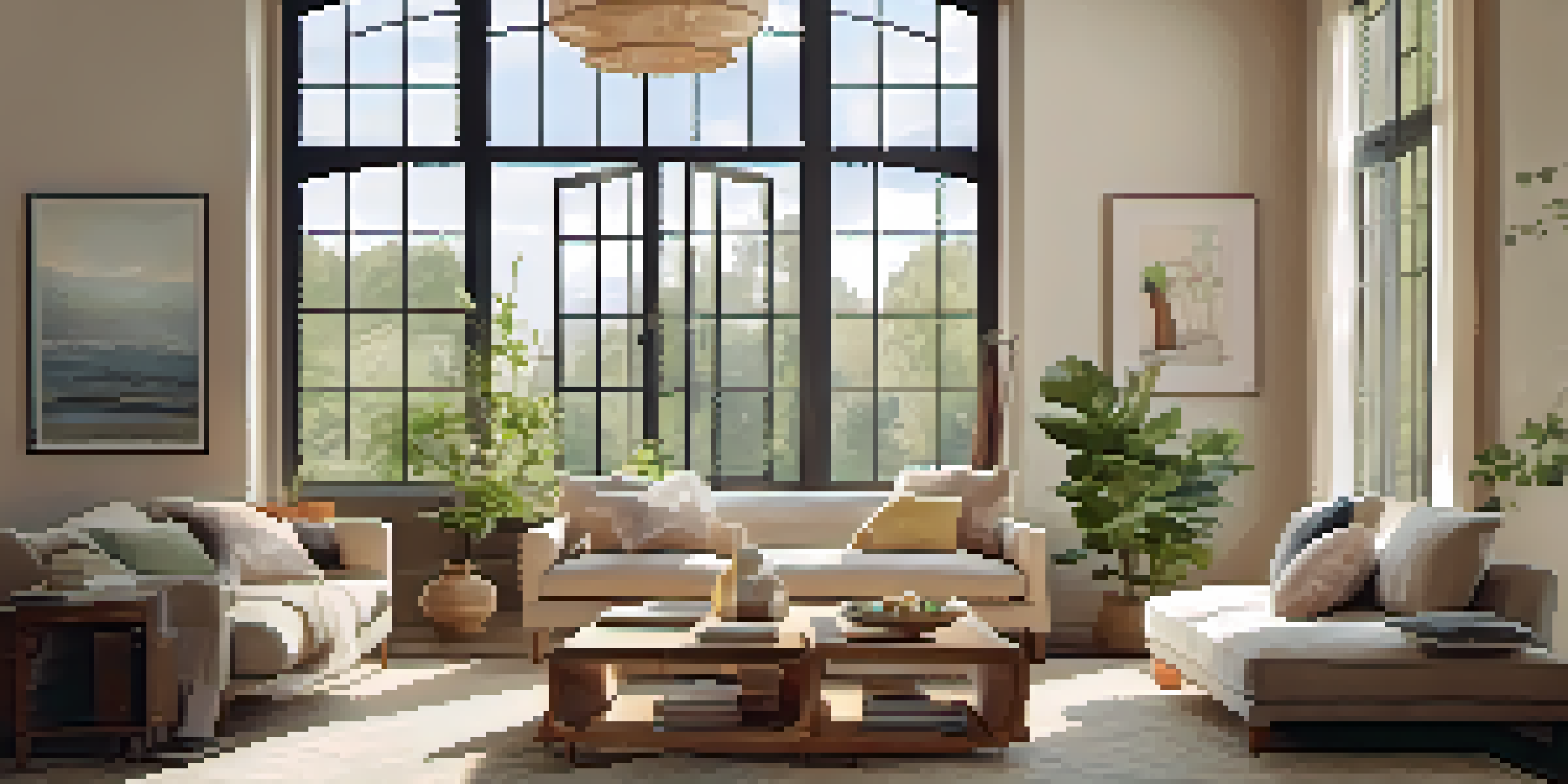 A cozy living room with large windows letting in natural light, featuring a plush sofa, wooden coffee table, and colorful cushions.