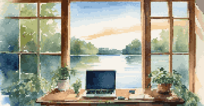 A peaceful lakeside scene featuring a modern desk and laptop, surrounded by nature and sunlight.