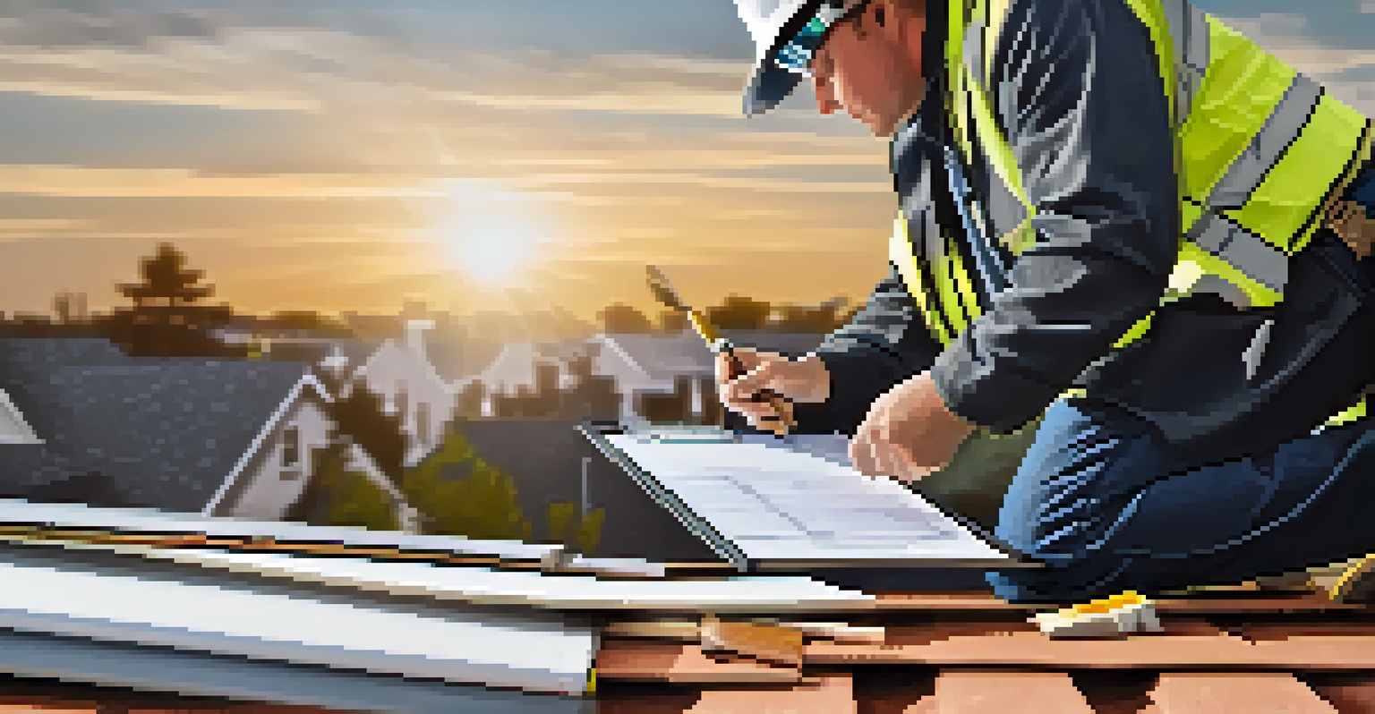 A home inspector inspecting a roof with a clipboard and tools.