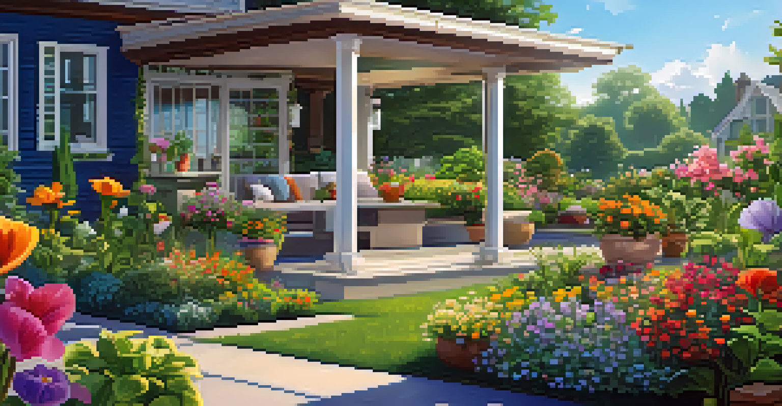 An outdoor smart garden with automated systems, vibrant flowers, and solar-powered lights under a clear blue sky.