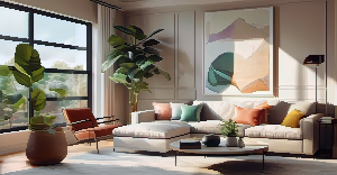 A bright and inviting living room in a modern rental property with large windows, stylish furniture, and indoor plants.