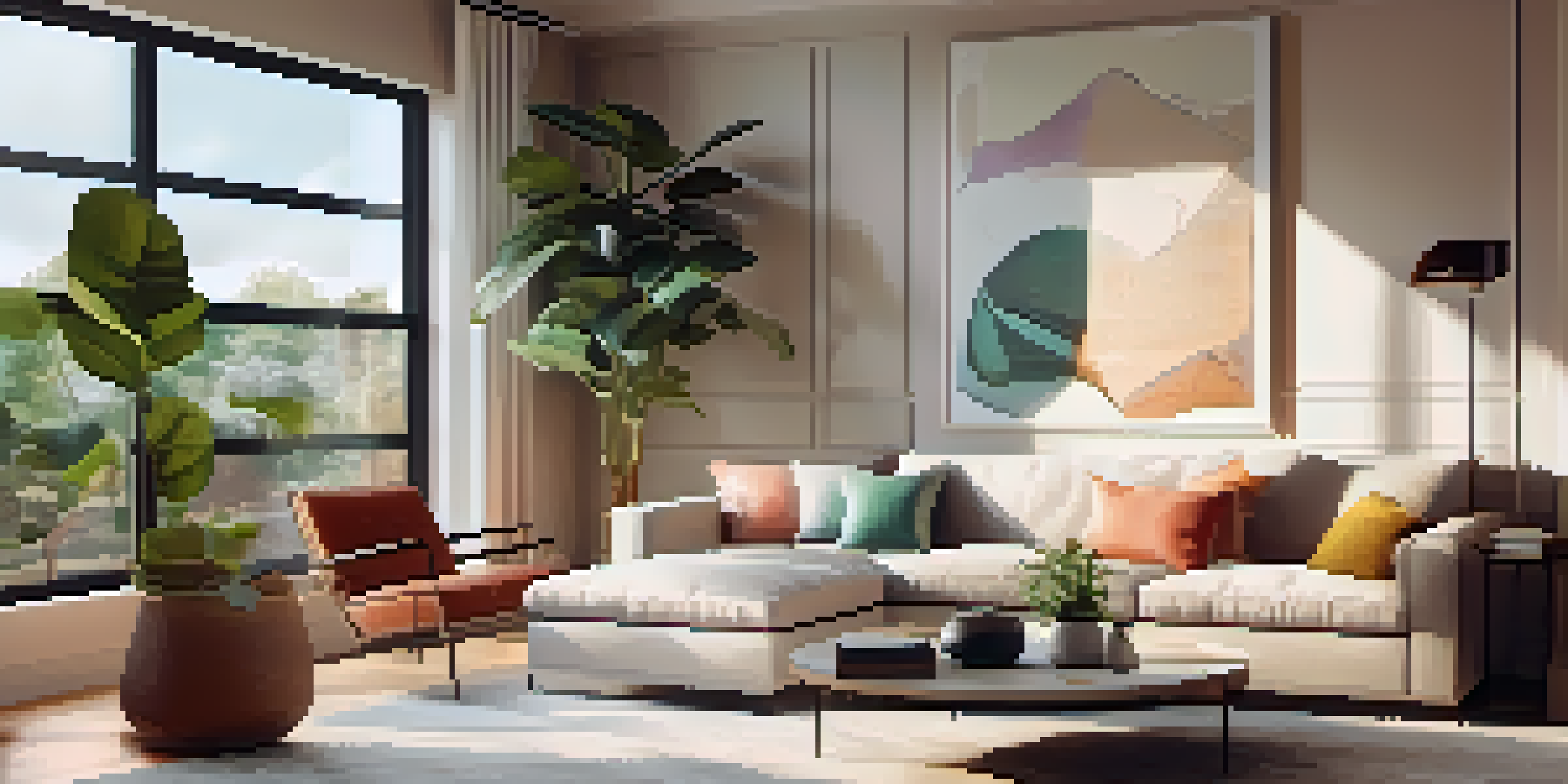 A bright and inviting living room in a modern rental property with large windows, stylish furniture, and indoor plants.