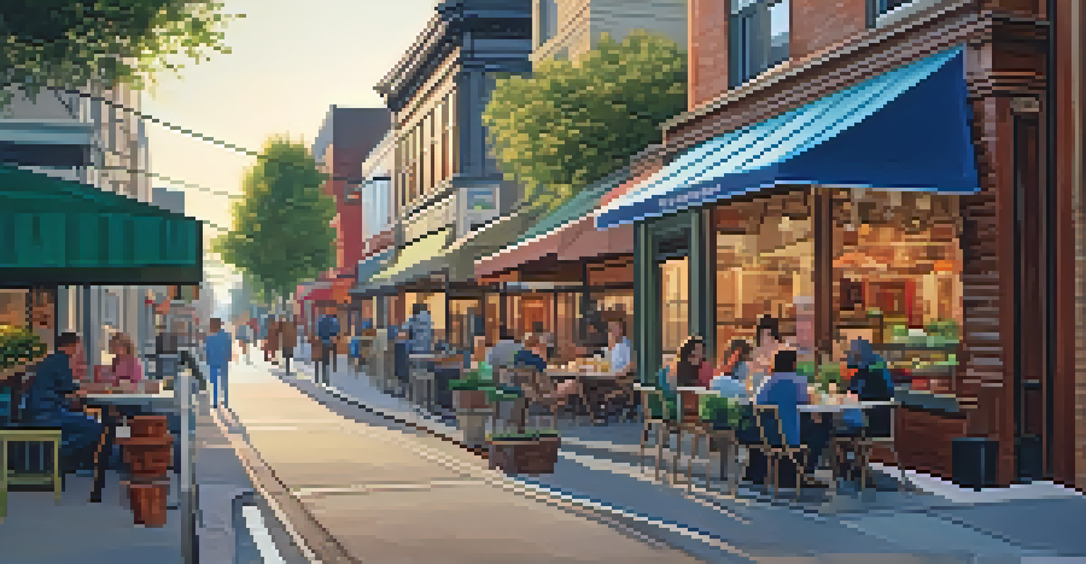 A bustling street with shops and cafes, people dining outdoors in a warm evening light.