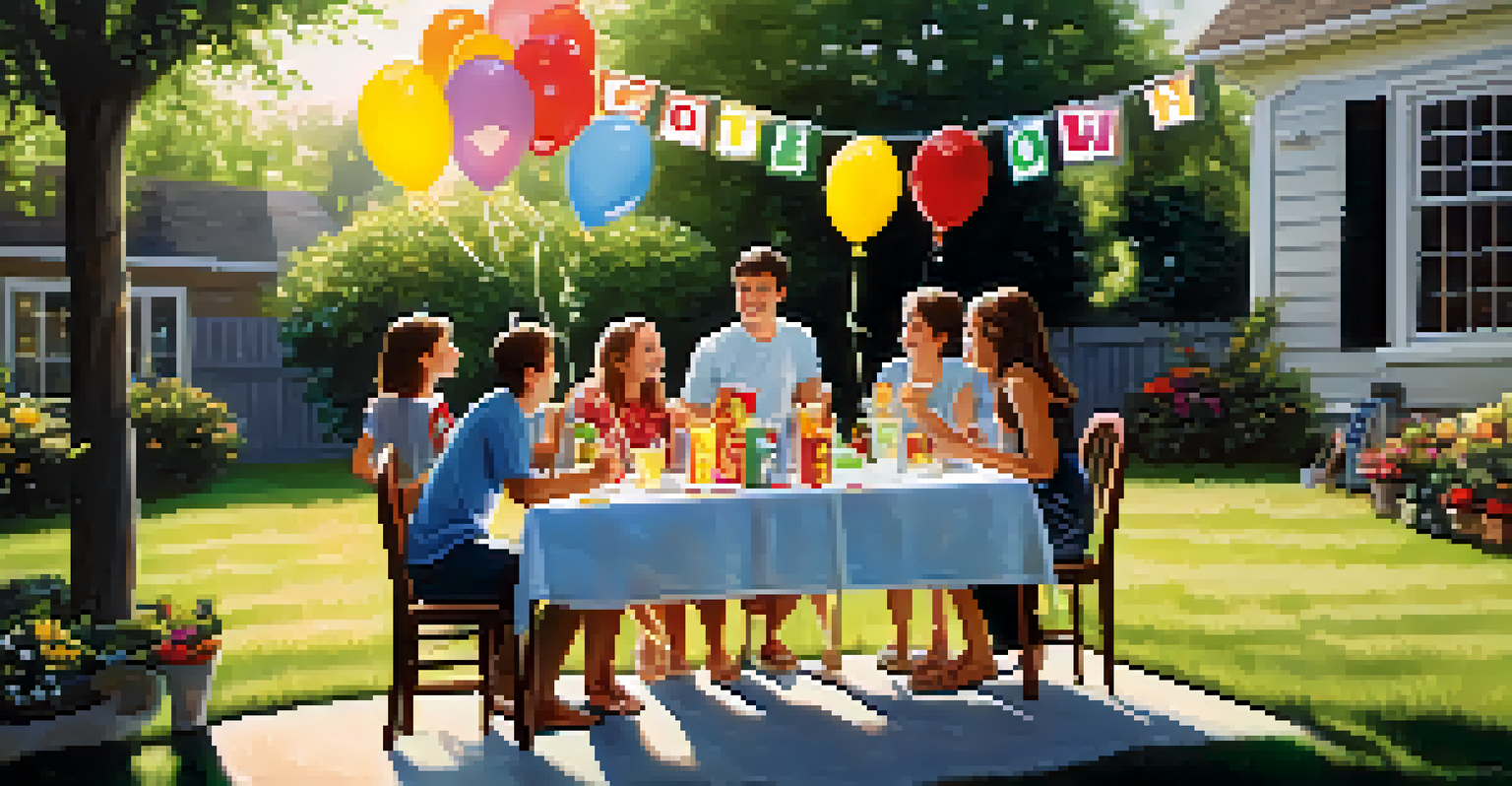A family celebrating in a backyard with a 'Congratulations!' banner, balloons, and refreshments, symbolizing joy and support.