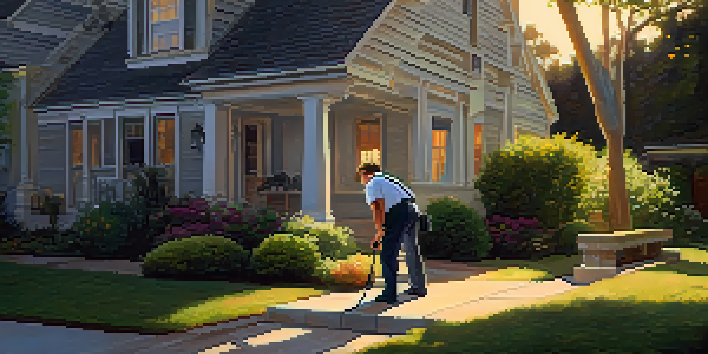 A home inspector crouched near the foundation of a two-story house, using a flashlight to examine the property during sunset.