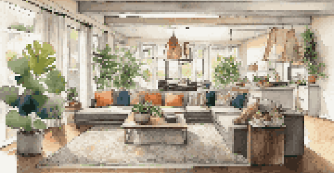 A spacious living area featuring a cozy sectional sofa, a rustic dining table, and indoor plants, all enhanced by warm lighting and personal decor.