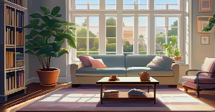 A bright and cozy living room with sunlight streaming through a large window, featuring a comfortable sofa, a wooden coffee table with books, and a potted plant.