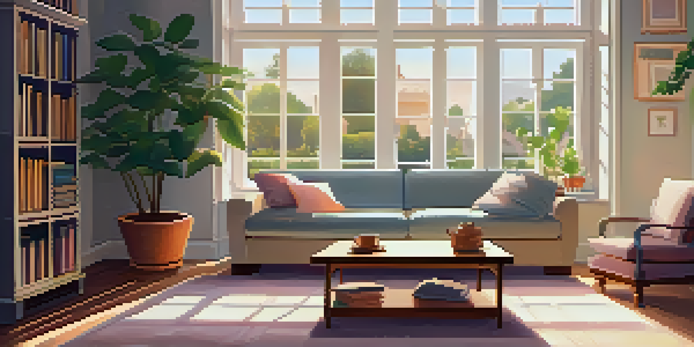 A bright and cozy living room with sunlight streaming through a large window, featuring a comfortable sofa, a wooden coffee table with books, and a potted plant.