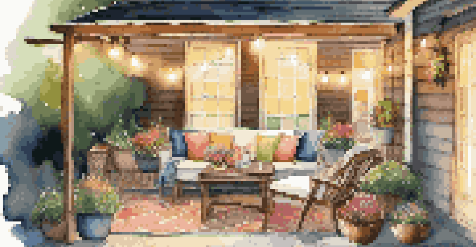 An inviting outdoor patio with comfortable seating, a table with flowers, and string lights for evening gatherings.