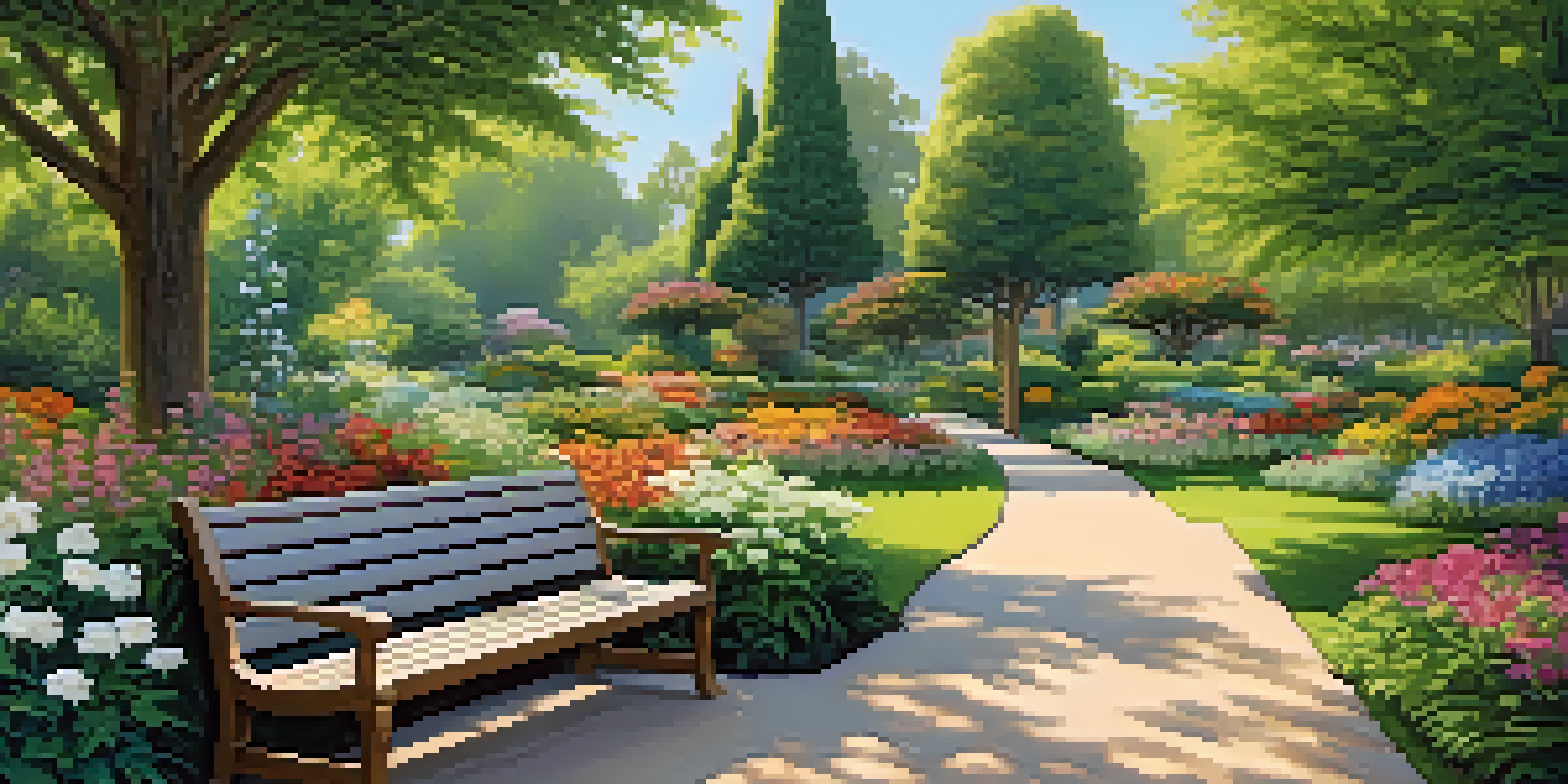 A peaceful garden with wide pathways, colorful native plants, and accessible benches under trees, designed for people of all abilities.