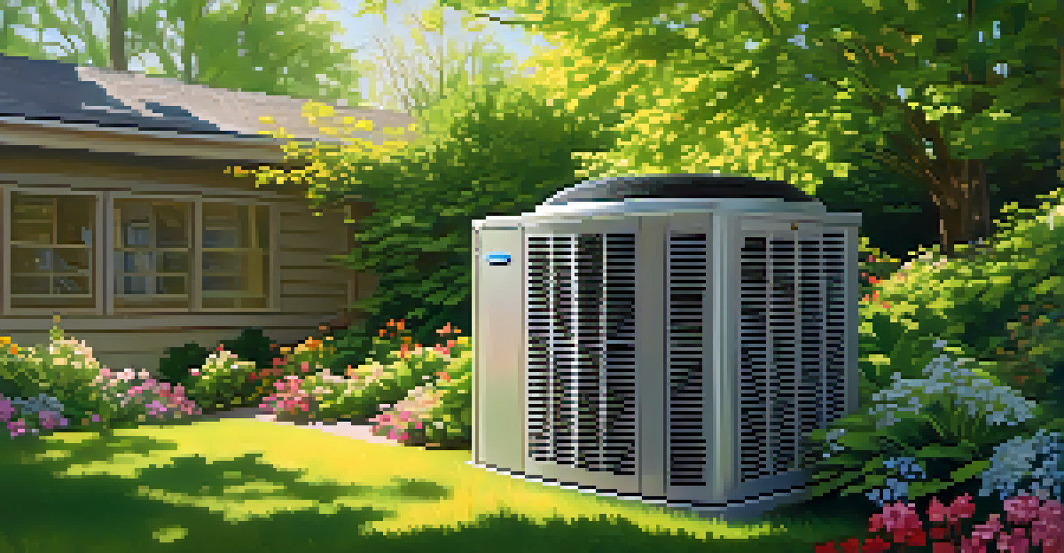 An outdoor HVAC unit in a spring garden, surrounded by vibrant flowers and greenery.