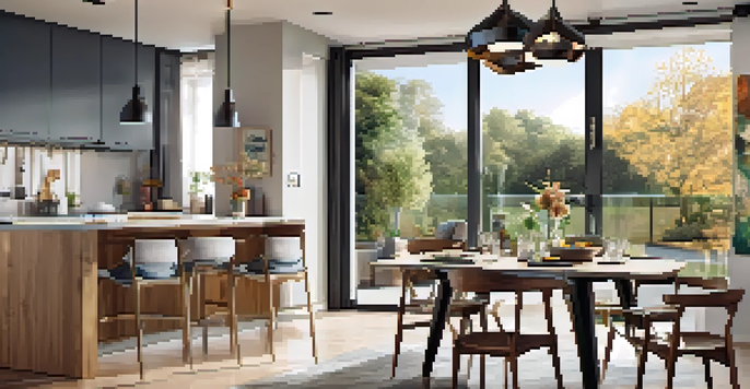 A sleek kitchen space in a short-term rental, featuring modern appliances and a dining table.