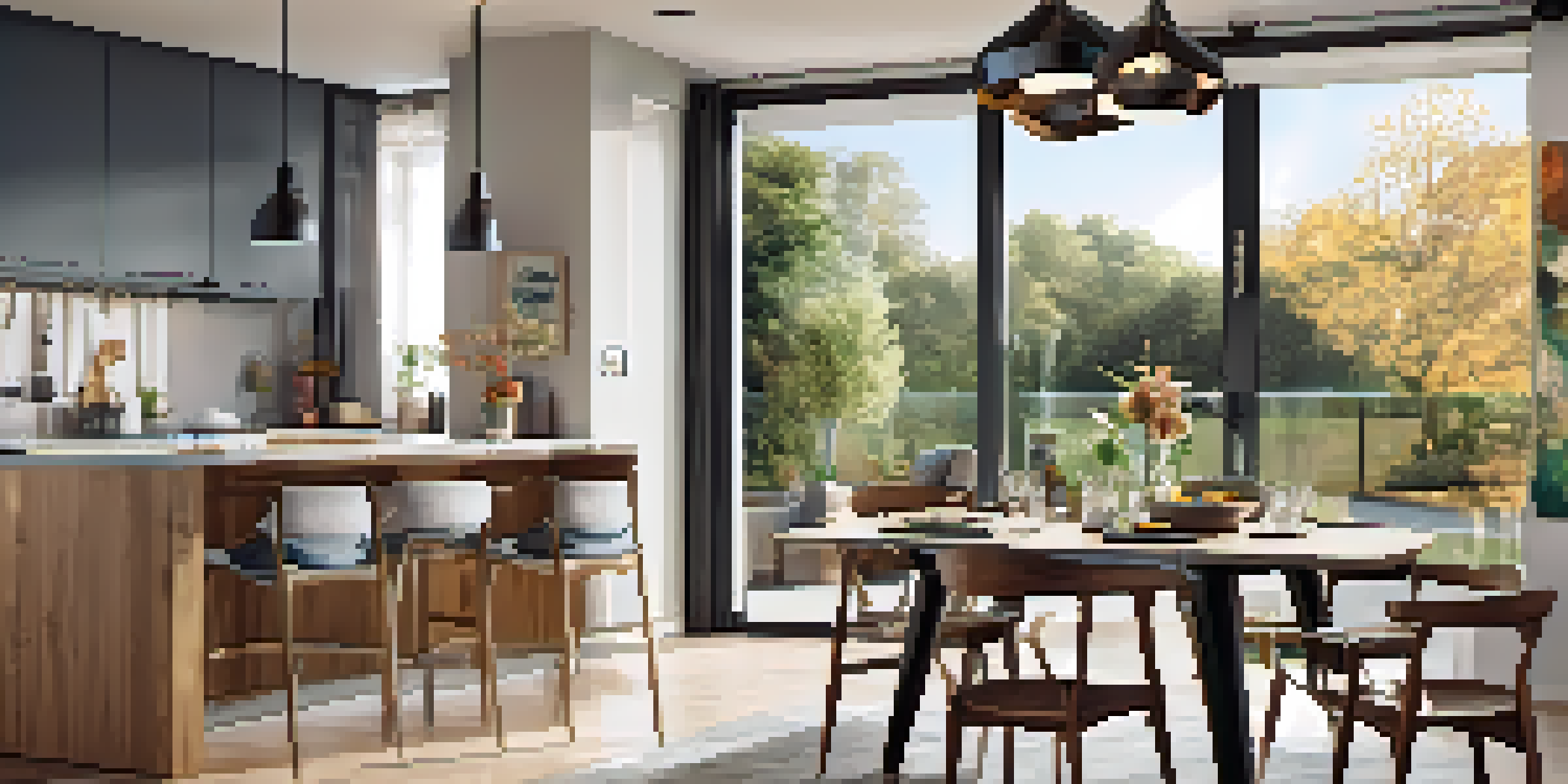 A sleek kitchen space in a short-term rental, featuring modern appliances and a dining table.