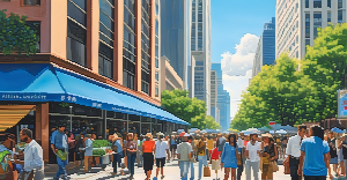 A lively urban center with skyscrapers and people engaging with real estate listings.
