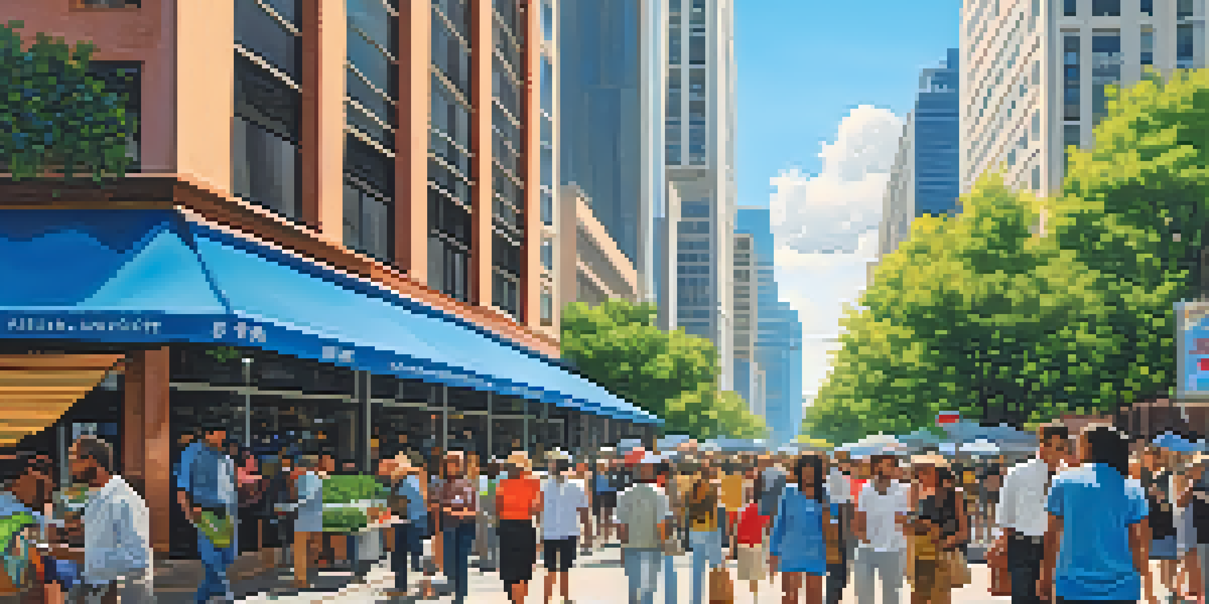 A lively urban center with skyscrapers and people engaging with real estate listings.