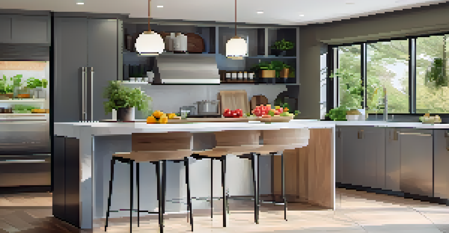 A modern kitchen featuring stainless steel appliances, an island, and large windows overlooking a backyard.