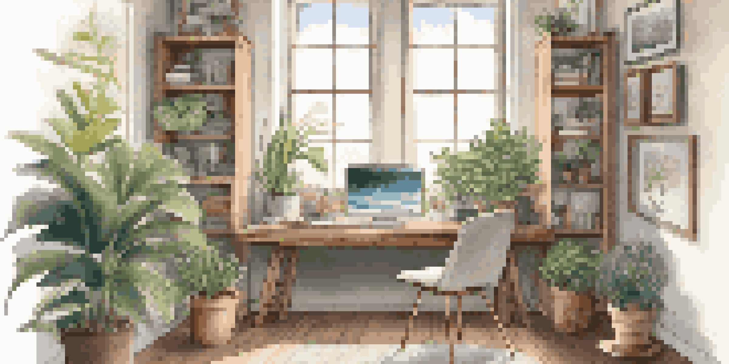 A bright and inviting home office with natural light, plants, and minimalistic decor, perfect for remote work.