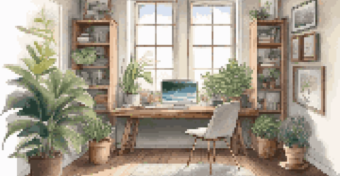 A bright and inviting home office with natural light, plants, and minimalistic decor, perfect for remote work.