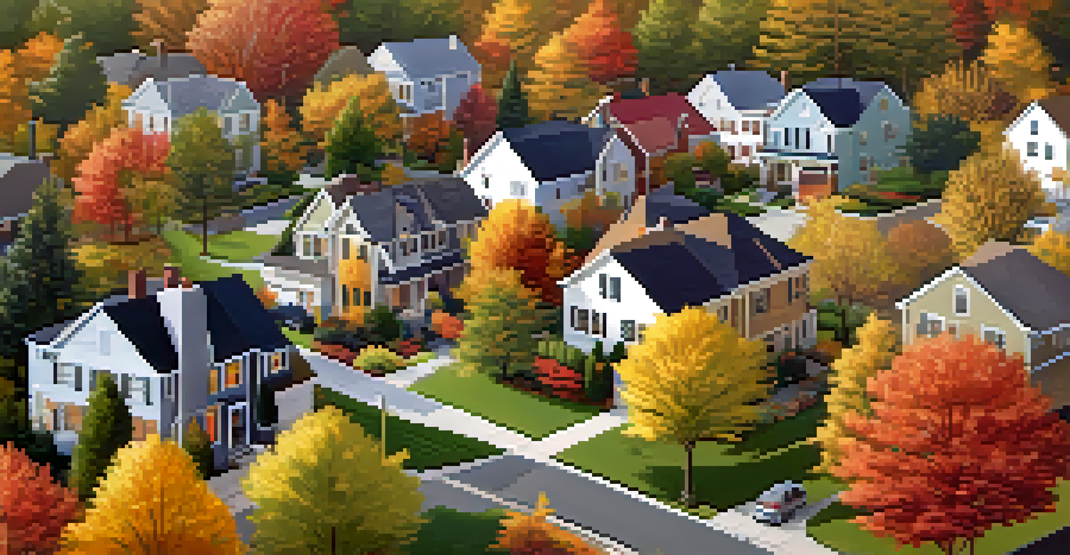 A suburban neighborhood in autumn, with colorful trees, modern houses, and families enjoying the outdoors.