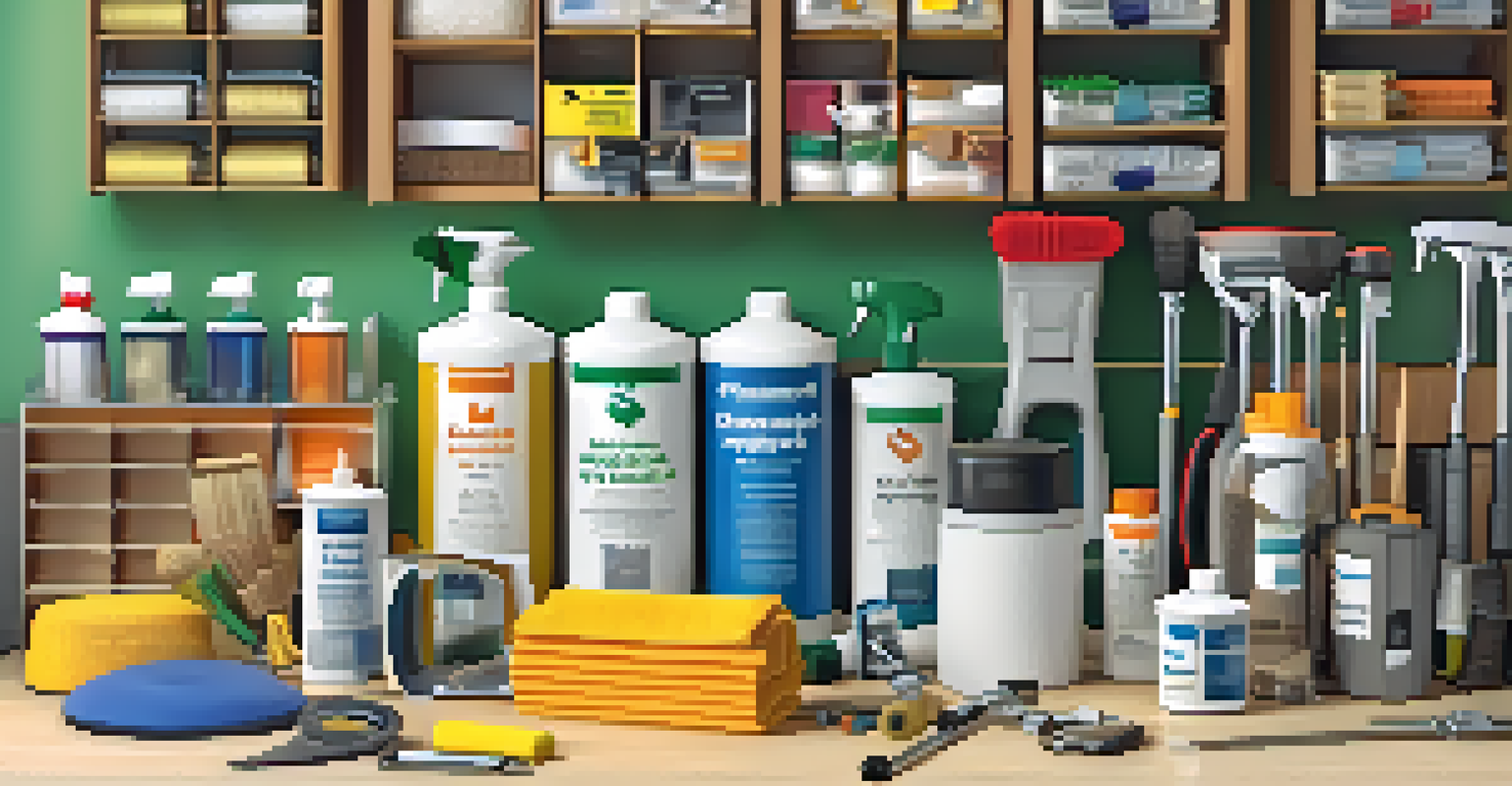 A neatly organized collection of home maintenance supplies on a workbench, highlighting tools and cleaning products.
