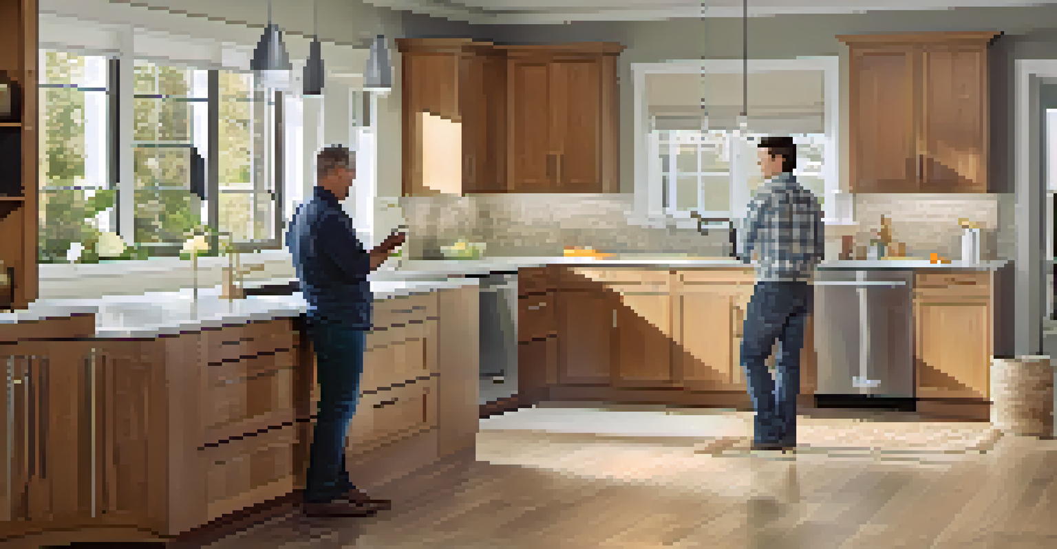 A modern kitchen with newly installed cabinets, featuring a contractor discussing plans with the homeowner. The space is bright and airy with a toolbox on the counter.