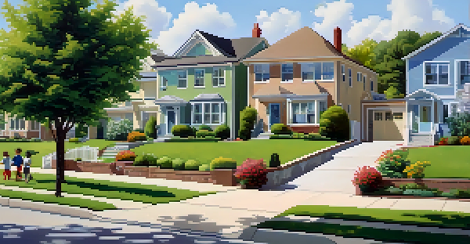 A peaceful suburban neighborhood filled with beautiful homes, green lawns, and children playing outdoors under a clear blue sky.